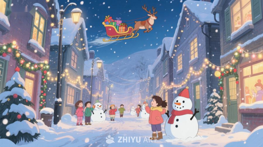 雪夜小镇圣诞老人驾驯鹿送礼 452