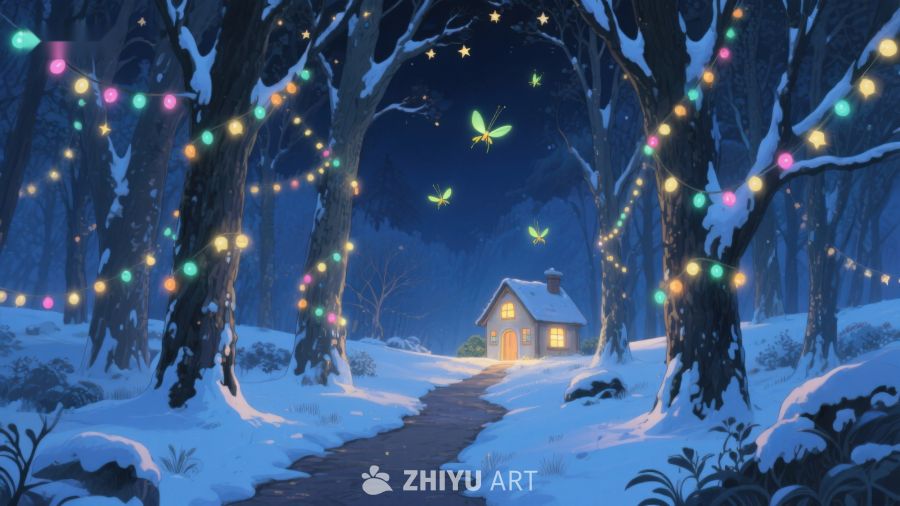 冬夜林中小屋，彩灯闪烁 49