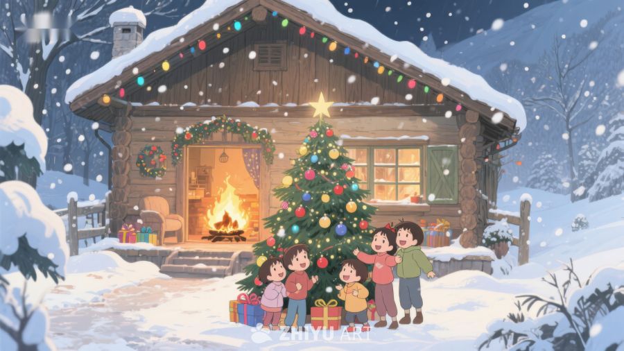 雪夜温馨小屋，家人共度圣诞 428