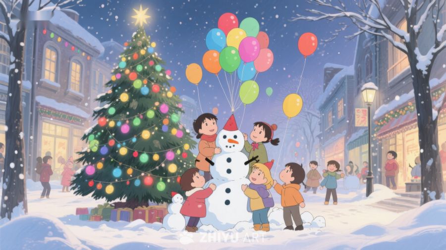 冬日雪景中的圣诞树与雪人 23