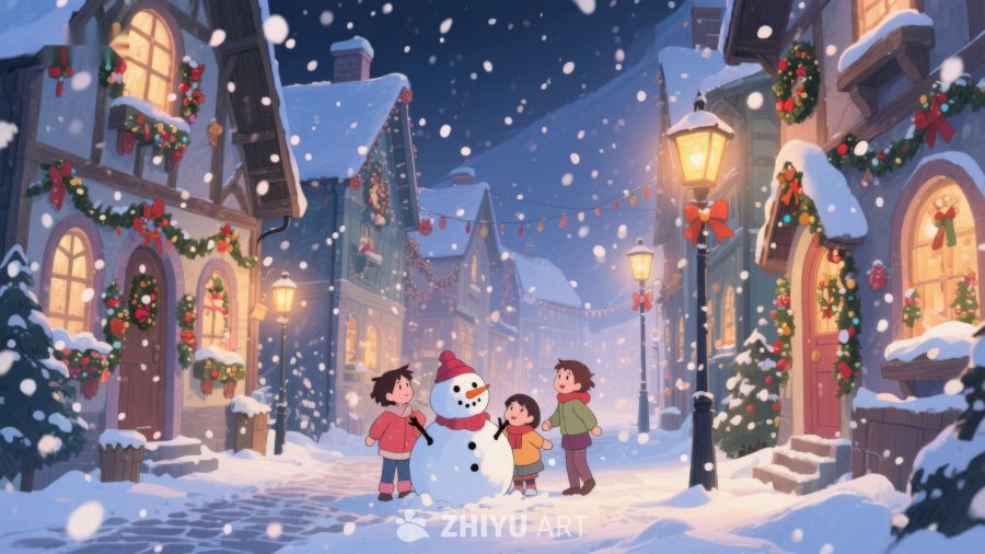 雪夜小镇，童趣堆雪人 416