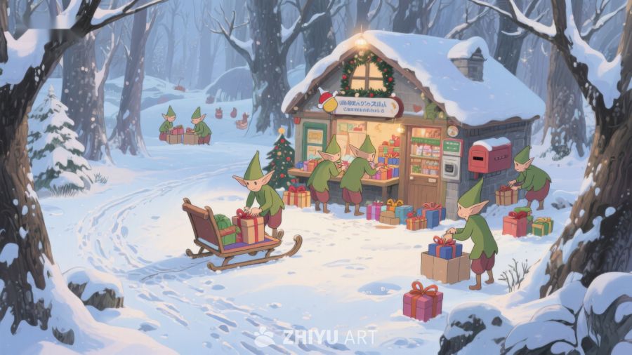 雪地小屋前的精灵与礼物 352