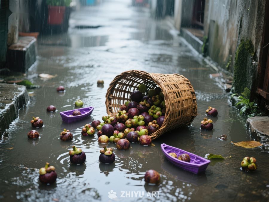 雨中散落的水果与玩具船 762