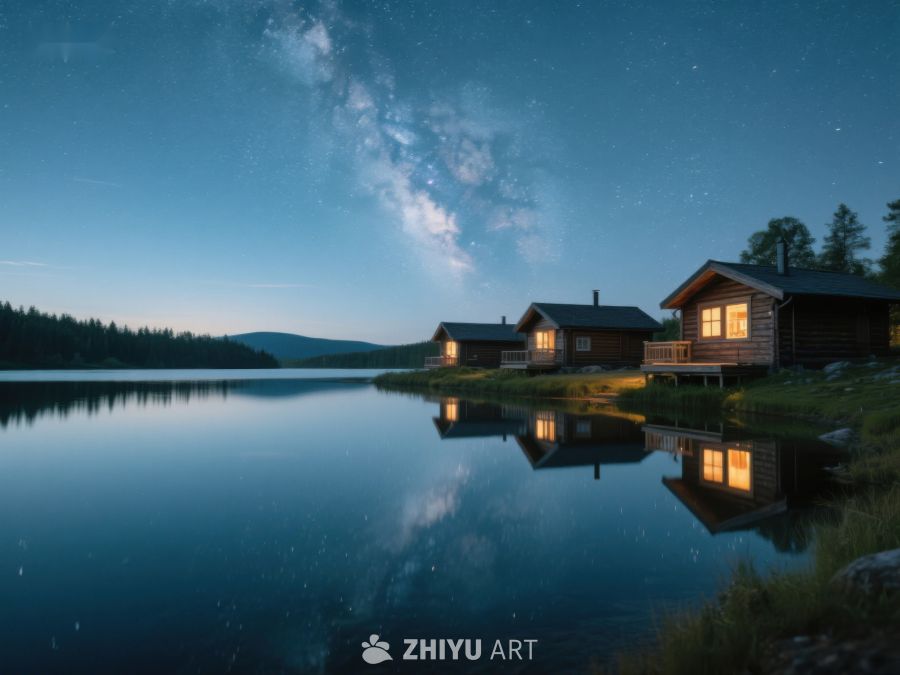 湖畔木屋夜景，星空倒映水面 29