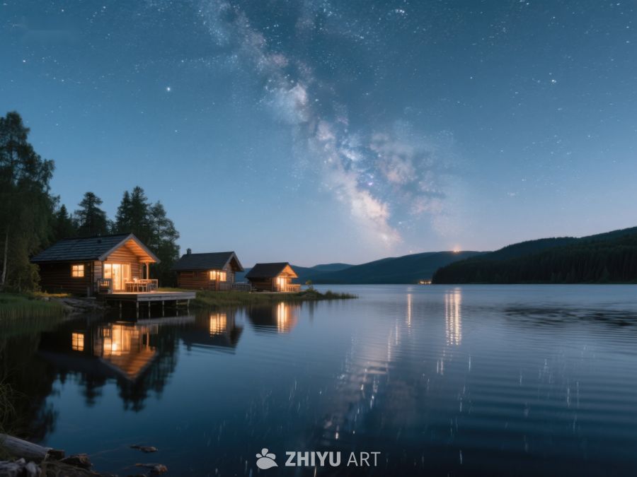 湖畔木屋夜景，银河璀璨 30