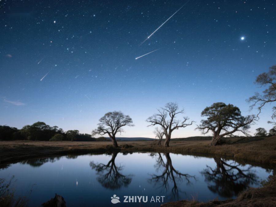 夜空流星划过，树木倒映水中 252