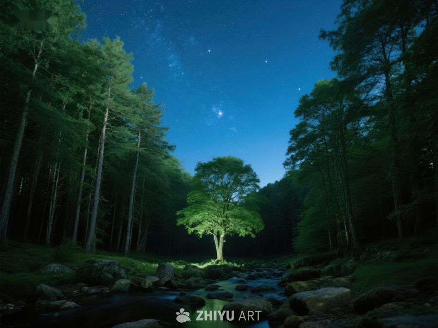 夜空下的森林溪流与孤树 365