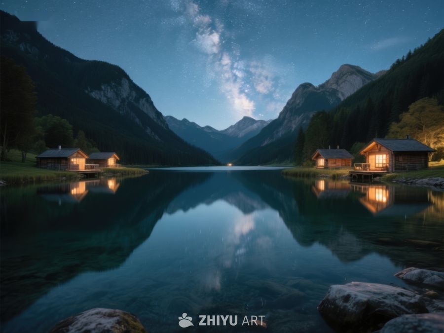 夜幕下的湖畔木屋 497