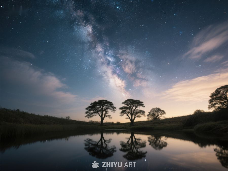 银河映照湖面，树影婆娑夜景 555