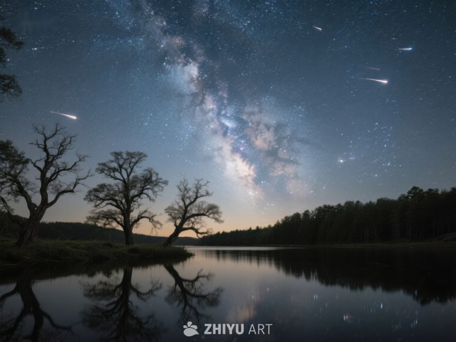 银河映照湖面，夜空流星划过 556