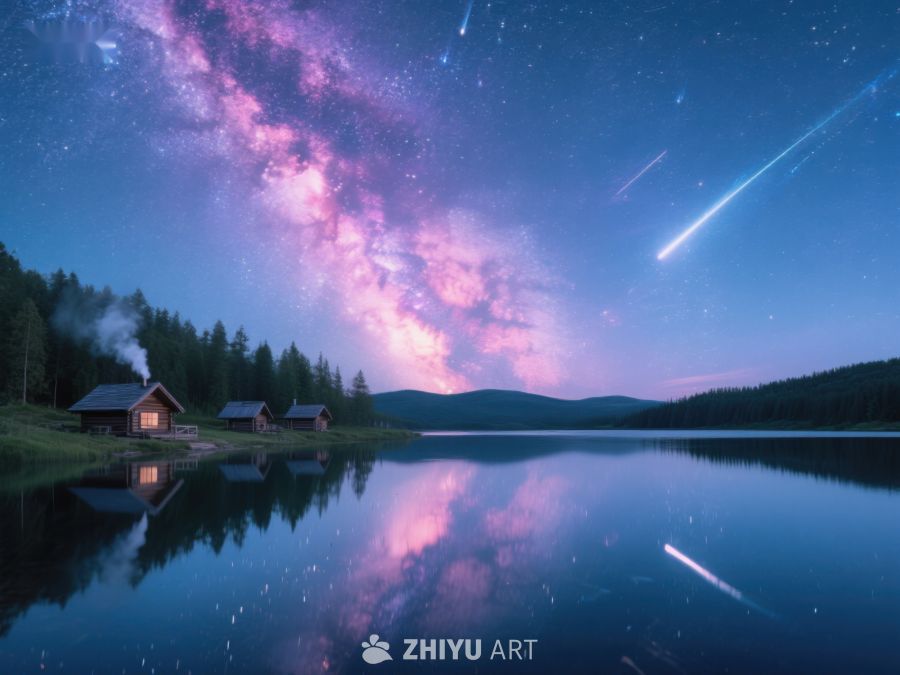 湖畔小屋夜景，银河与流星 34
