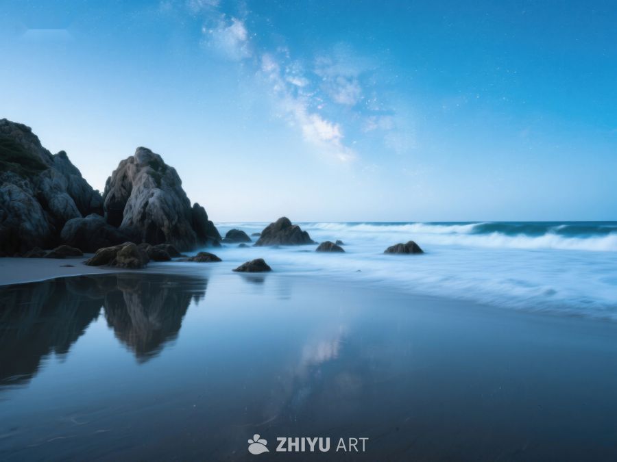 宁静海滩与岩石倒影 57