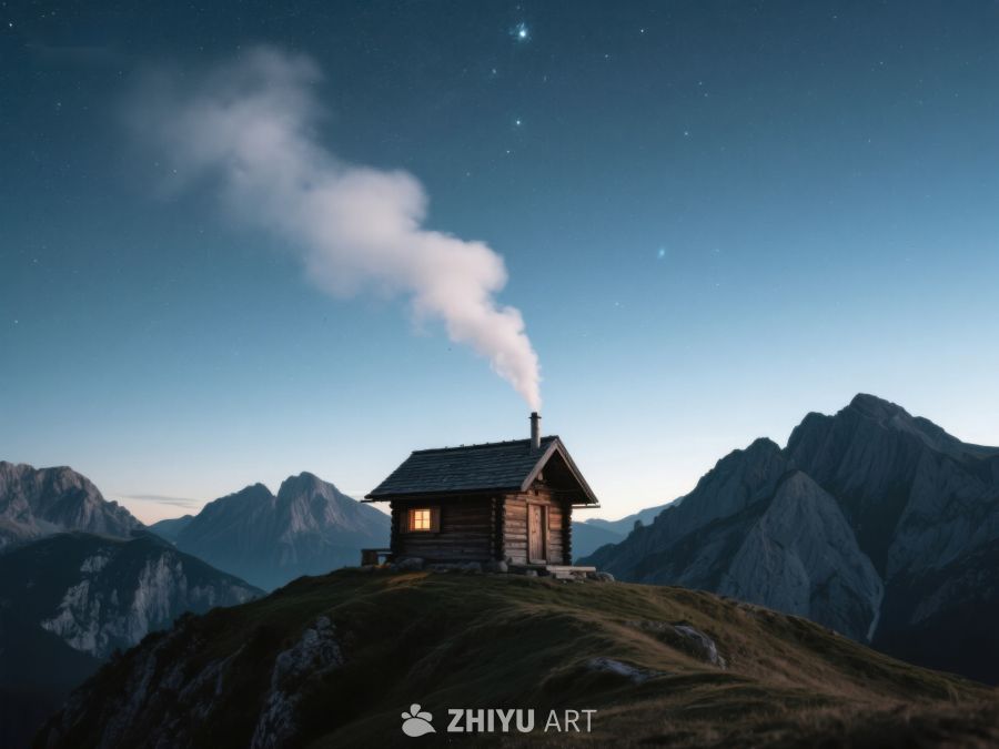 山顶小屋夜景，炊烟袅袅 132