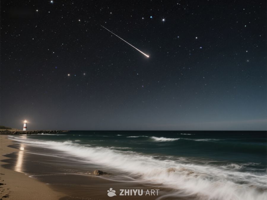 夜空流星划过海边灯塔 268