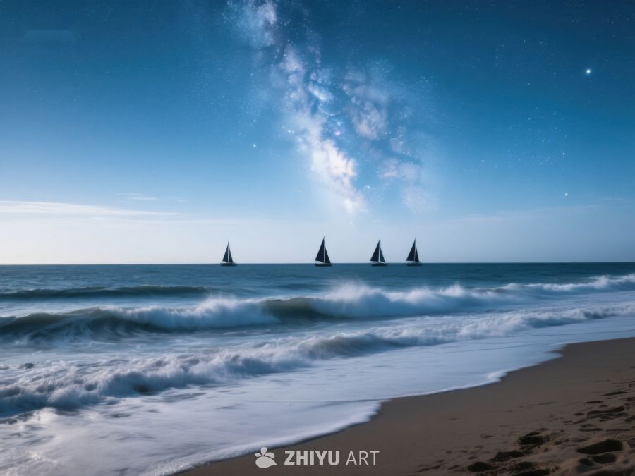 夜空下的海滩与帆船 332
