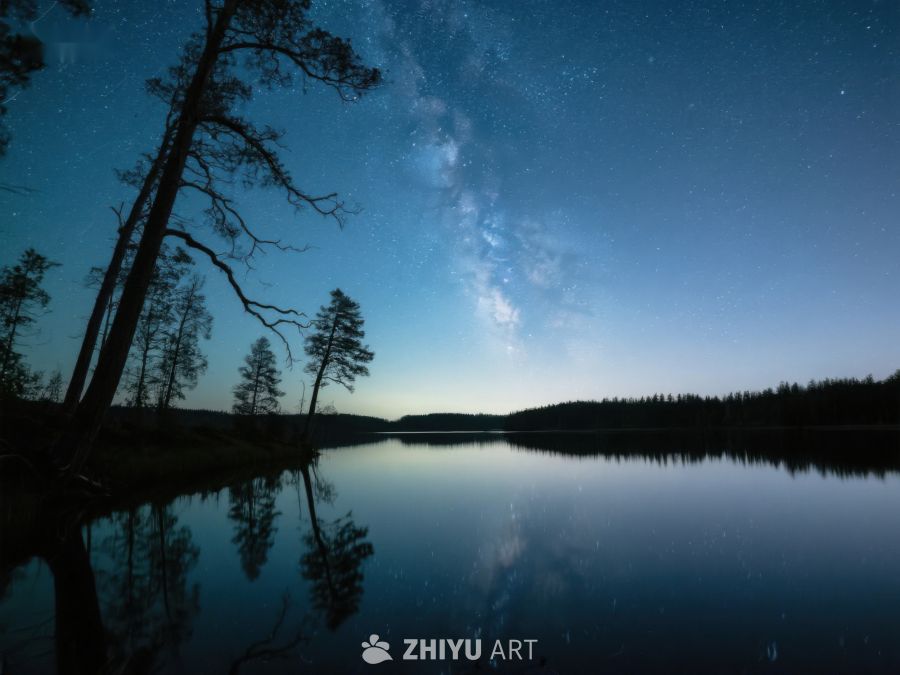 夜空下的湖畔森林倒影 342