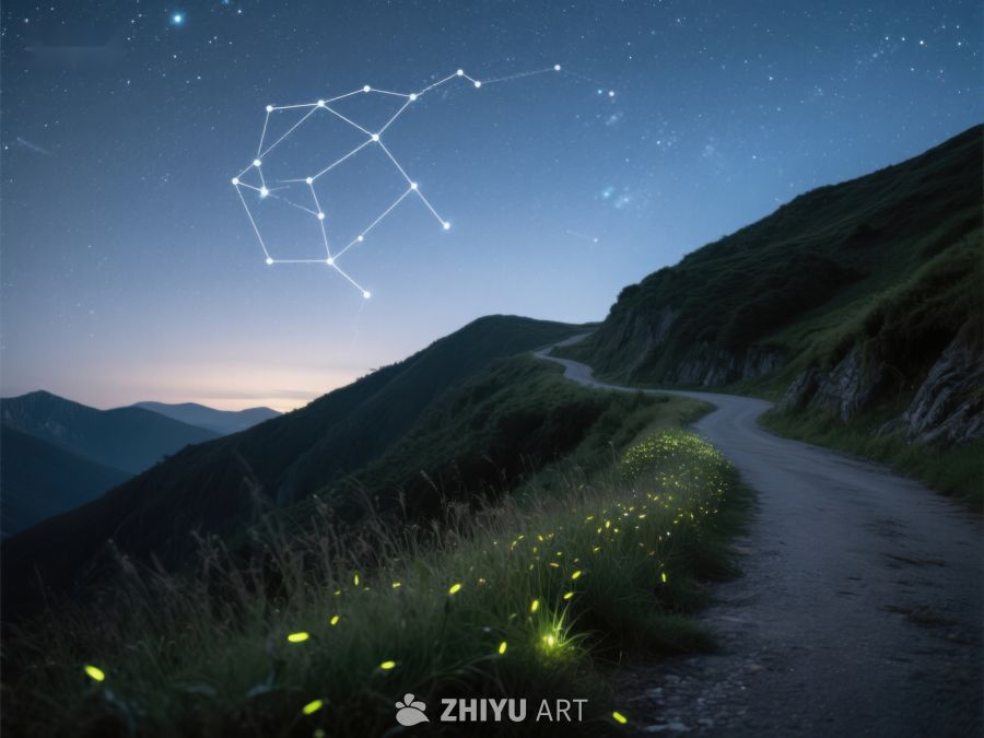 夜空星辰与萤火虫点缀的山间小径 407