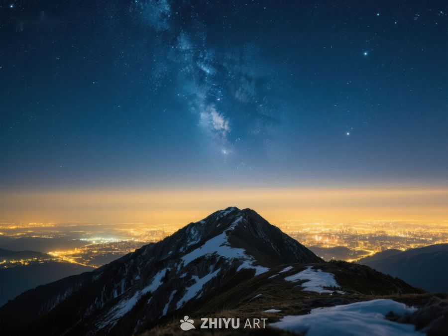 夜空银河下的雪山与城市灯火 429