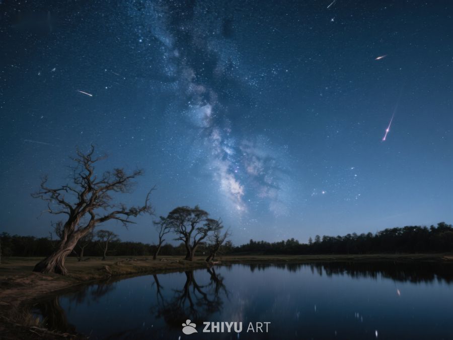 银河映照夜空，枯树静谧湖畔 553