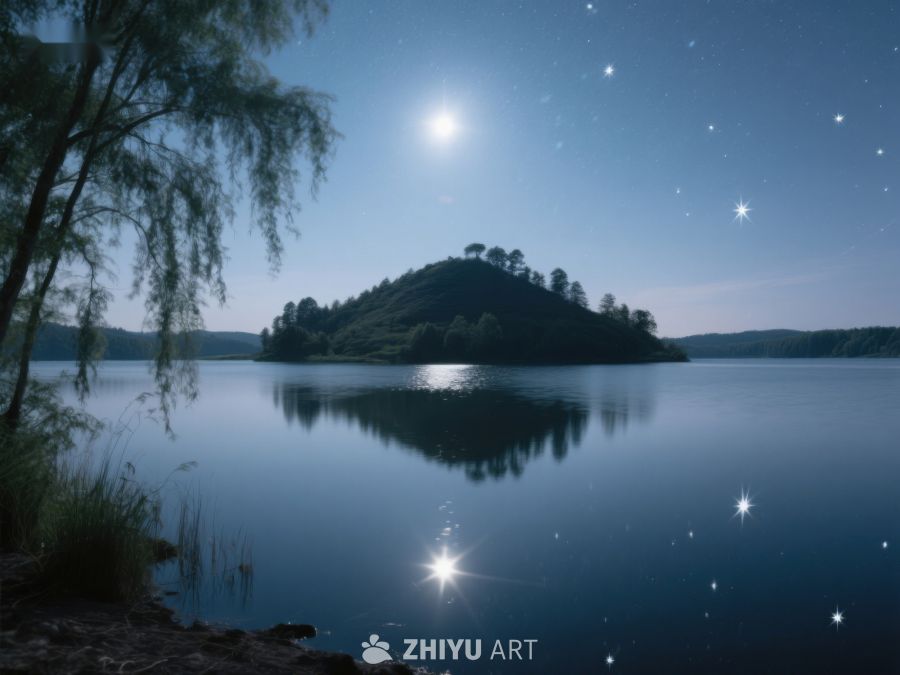 月夜湖畔，静谧山岛倒影 586