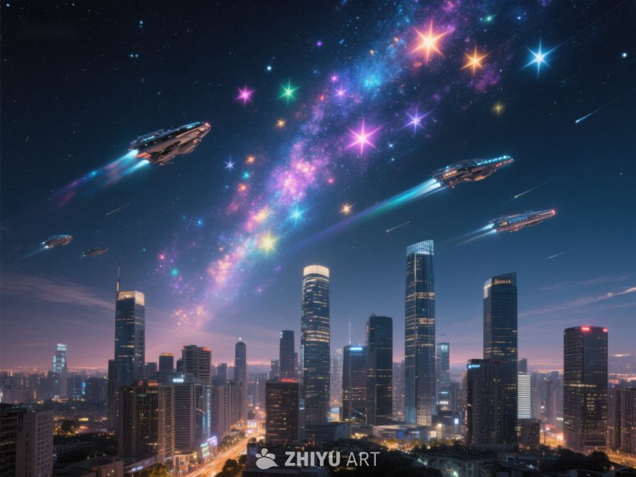 未来都市夜景与星际飞船 135