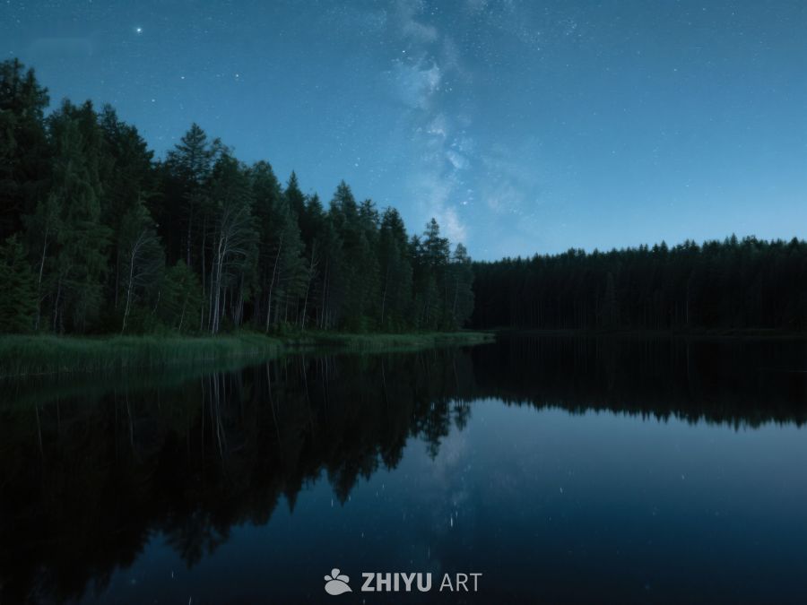 夜空下的静谧湖面与森林倒影 344