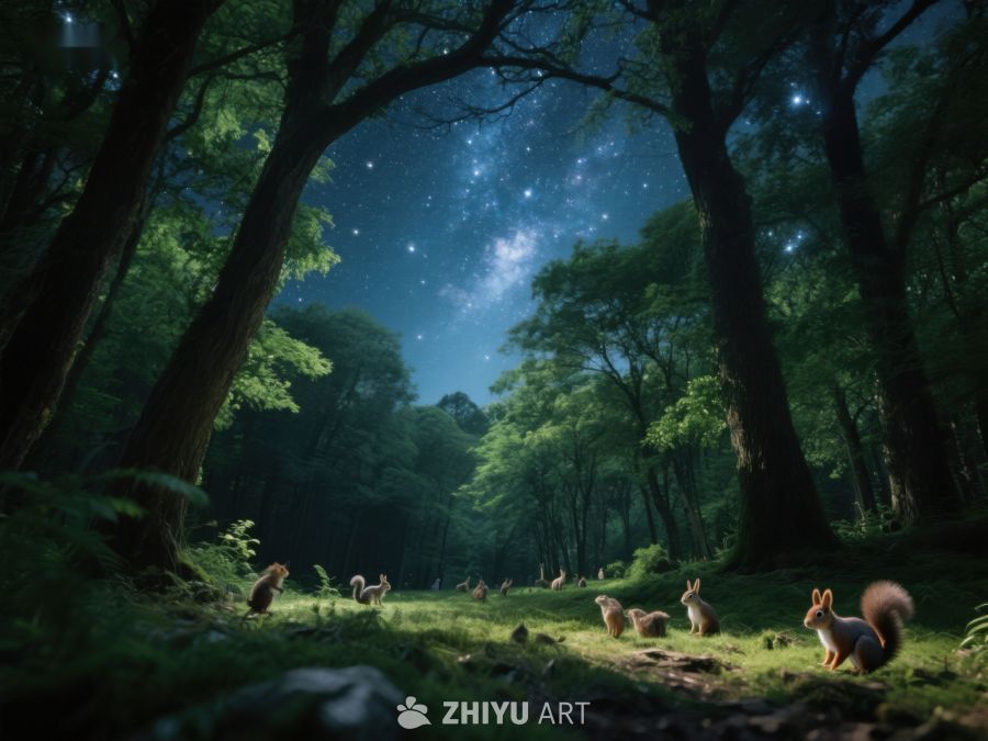 夜幕森林中的动物聚会 474