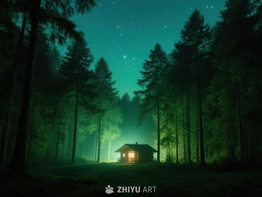 夜幕森林中的温暖小屋 477