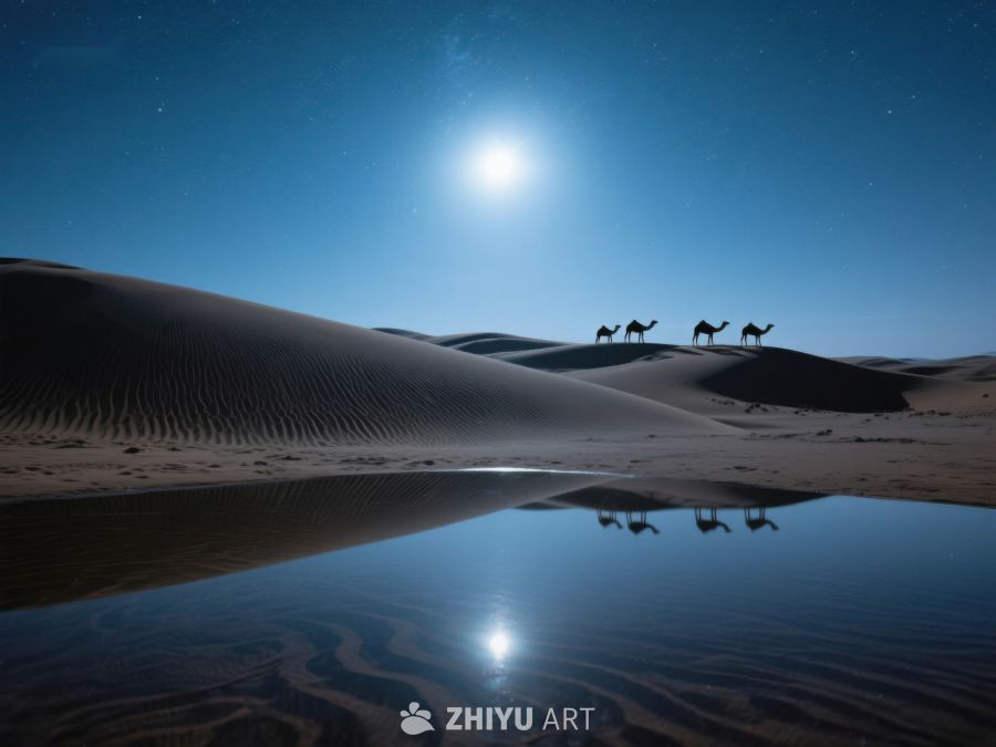 月夜沙漠驼影映水 597