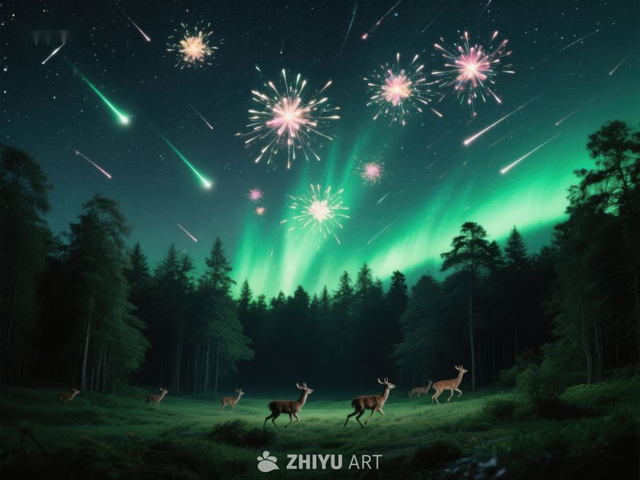 森林夜景：极光与烟花下的鹿群 57