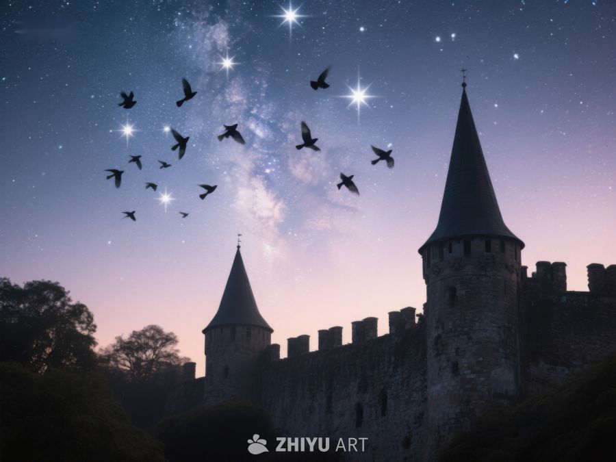 星空下的古堡与飞翔的鸟群 173