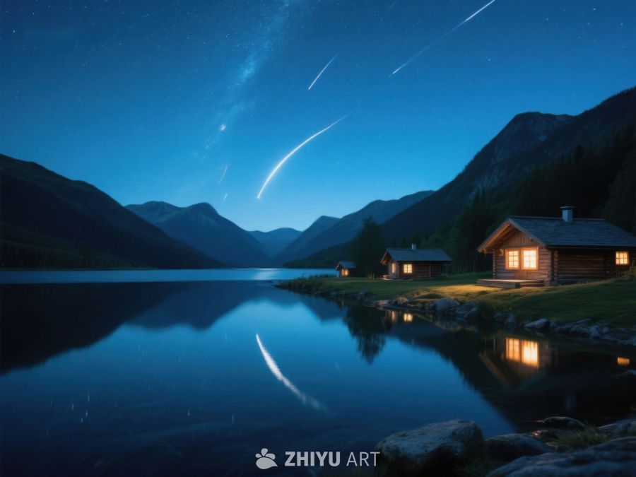 夜空流星划过湖畔木屋 245