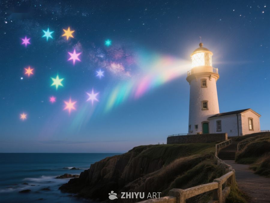 夜空下的灯塔与彩虹 275