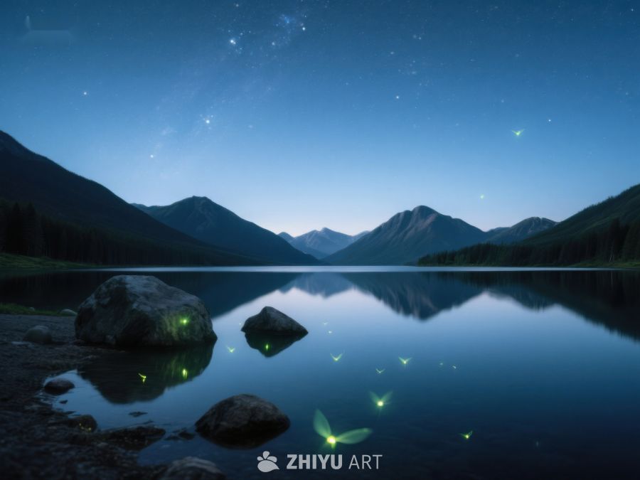 夜空下的萤火虫与湖畔山景 342