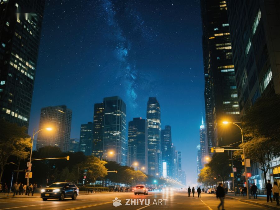 夜空银河下的城市街景 366
