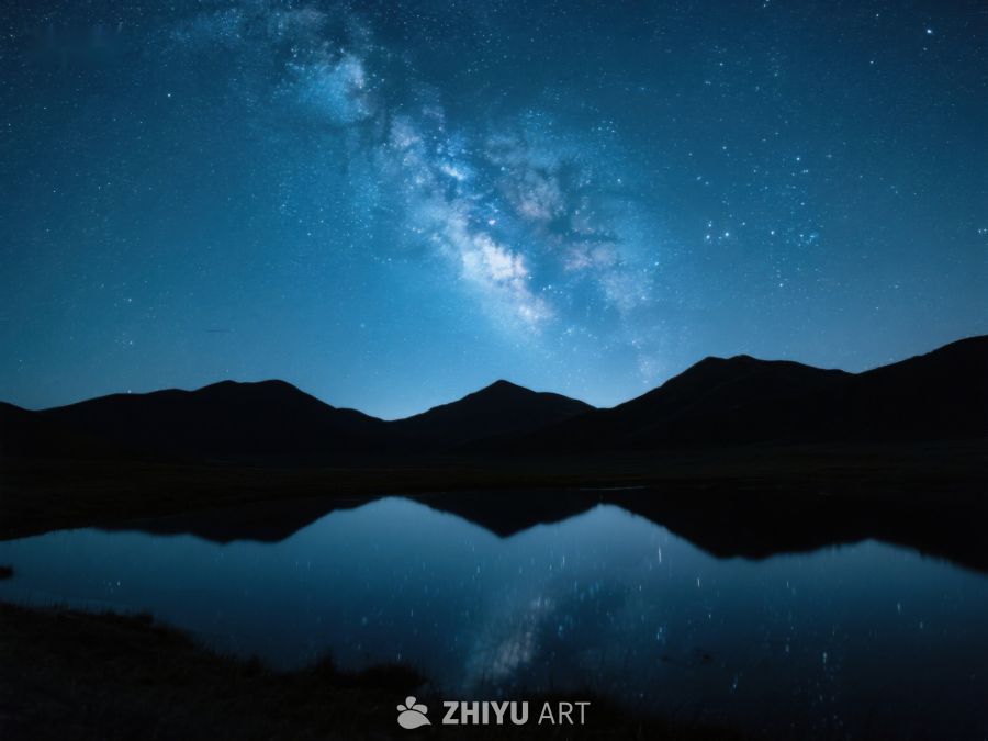 夜空银河映湖面，山影静谧 378