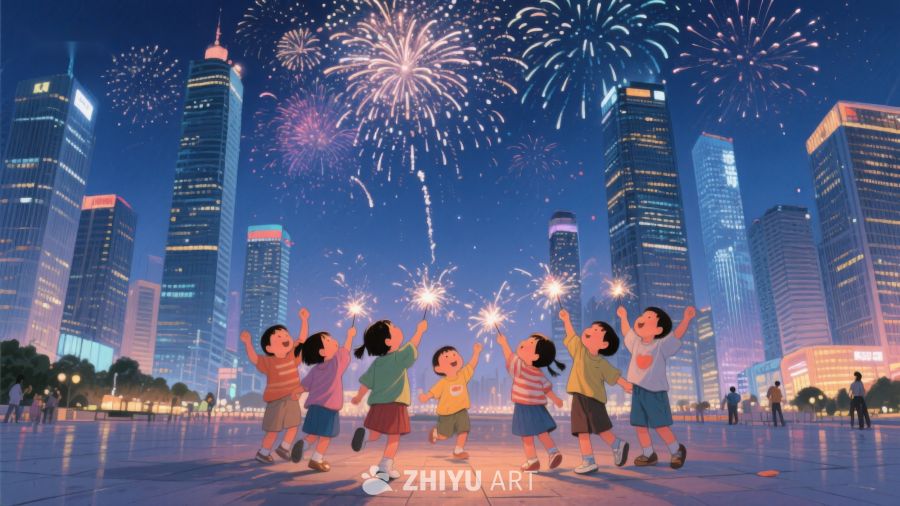 城市夜景中孩子们欢庆烟花 18