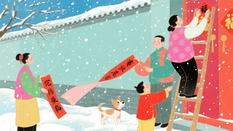 冬日雪景中家庭贴春联 185