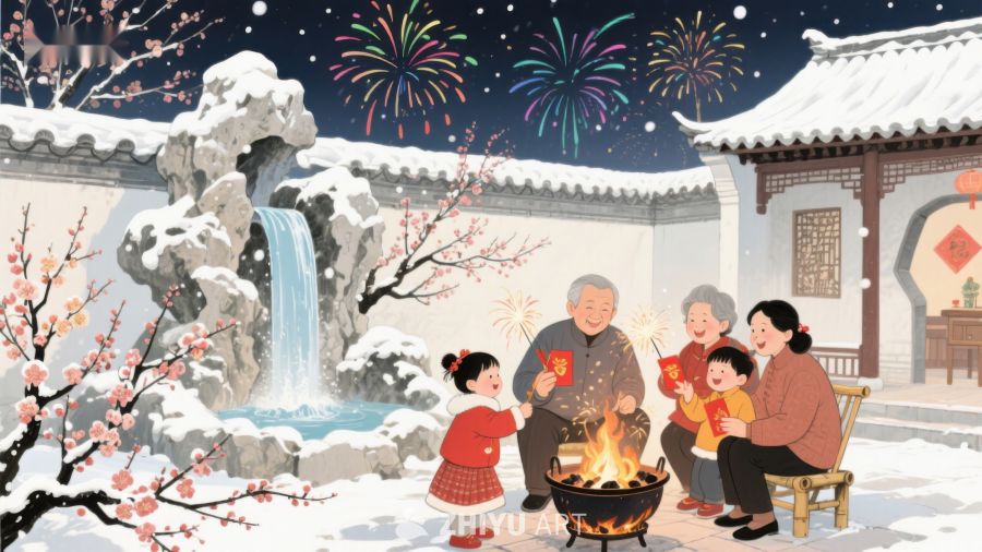 冬夜庭院，家人围炉赏烟花 194