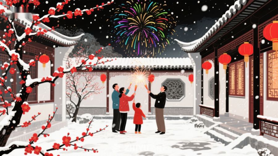 冬夜庭院烟花绽放，家人共庆佳节 195
