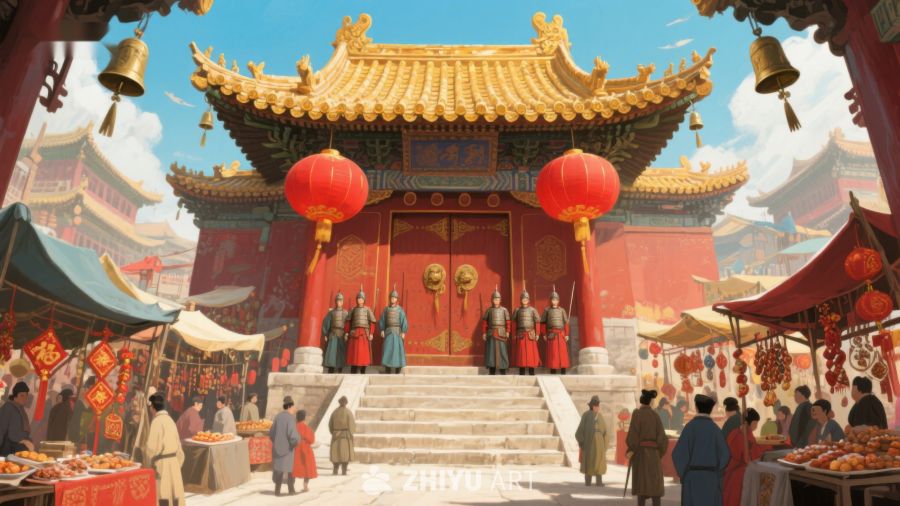 古代庙宇前的热闹集市 221