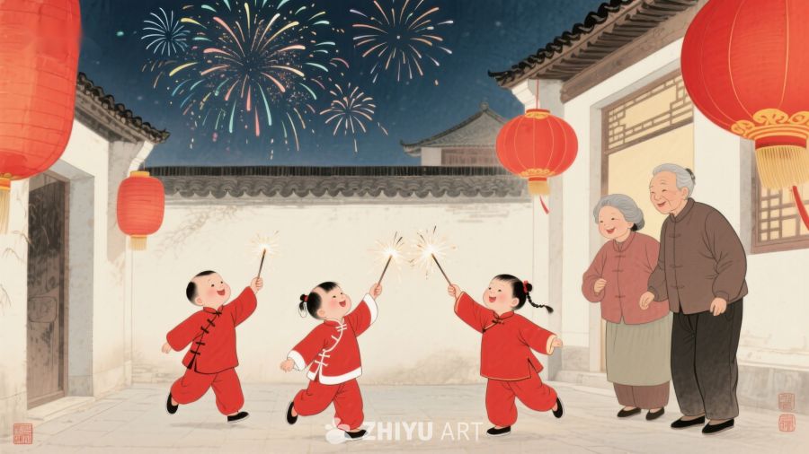 孩童欢庆春节，烟花灯笼映夜空 264