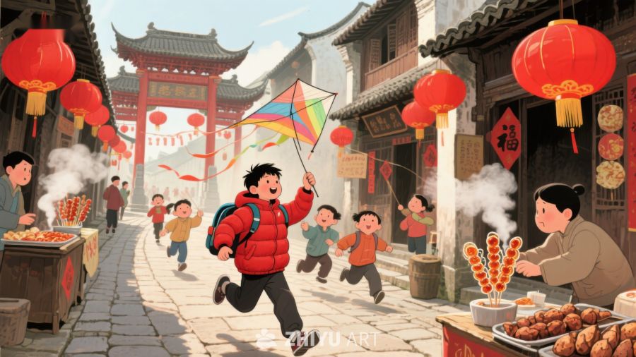 孩童街巷放风筝，热闹春节庆团圆 272