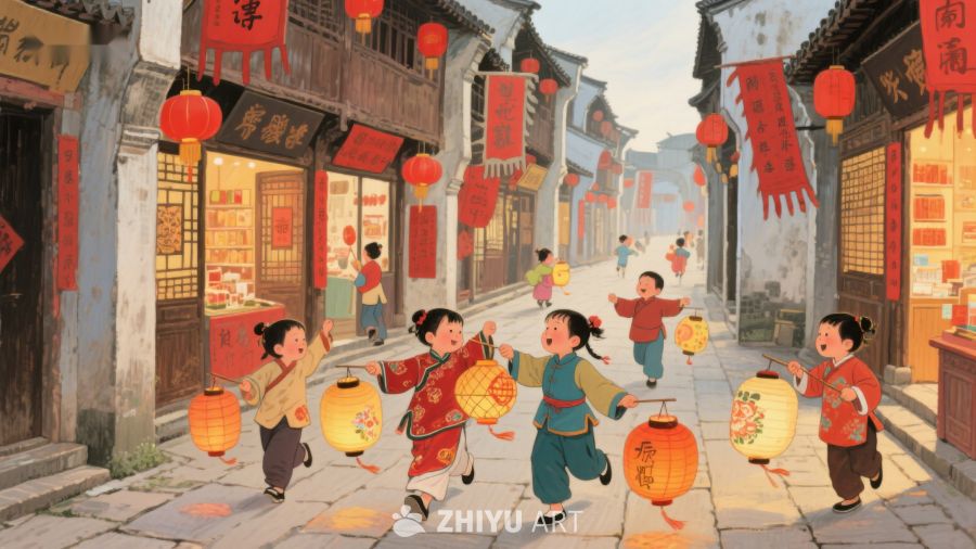 孩童街巷提灯笼，欢庆节日氛围浓 273