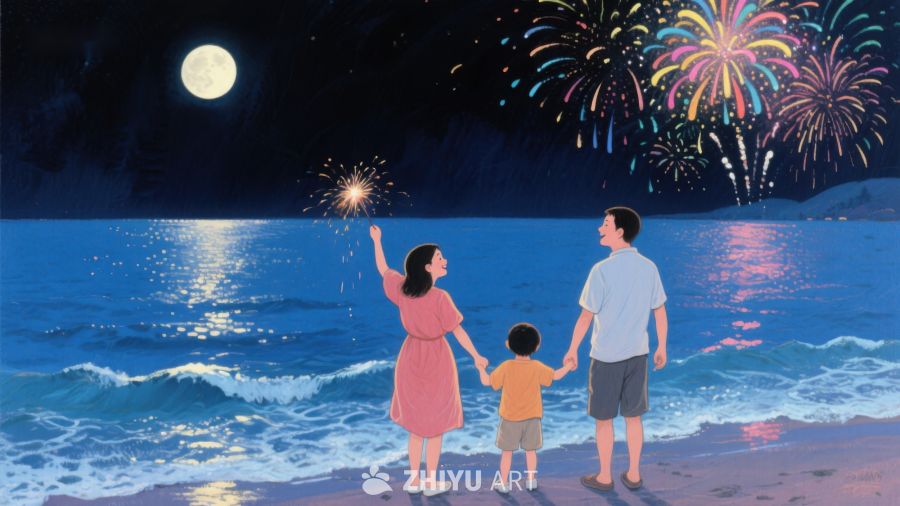 海边夜景：一家三口观赏烟花 314