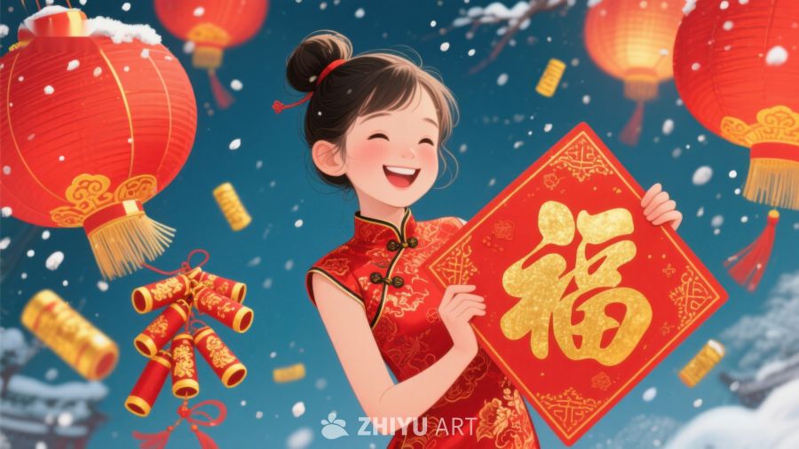 欢庆新春，少女手持福字 423