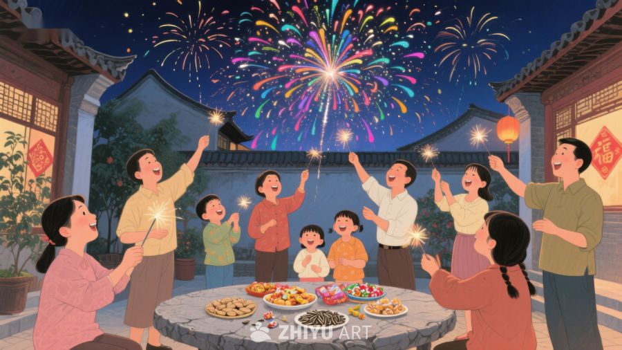 家人围桌庆祝，烟花绽放夜空 434