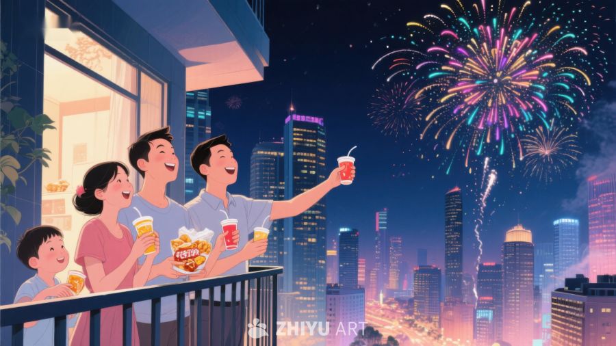 家人阳台共赏烟花夜景 437