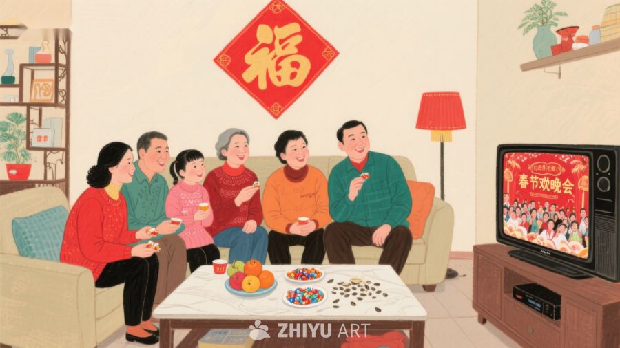 家庭围坐观看春节晚会 580