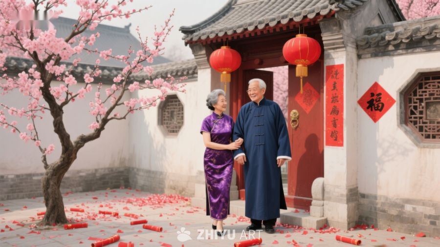 老夫妇庭院漫步，喜庆春节氛围 608